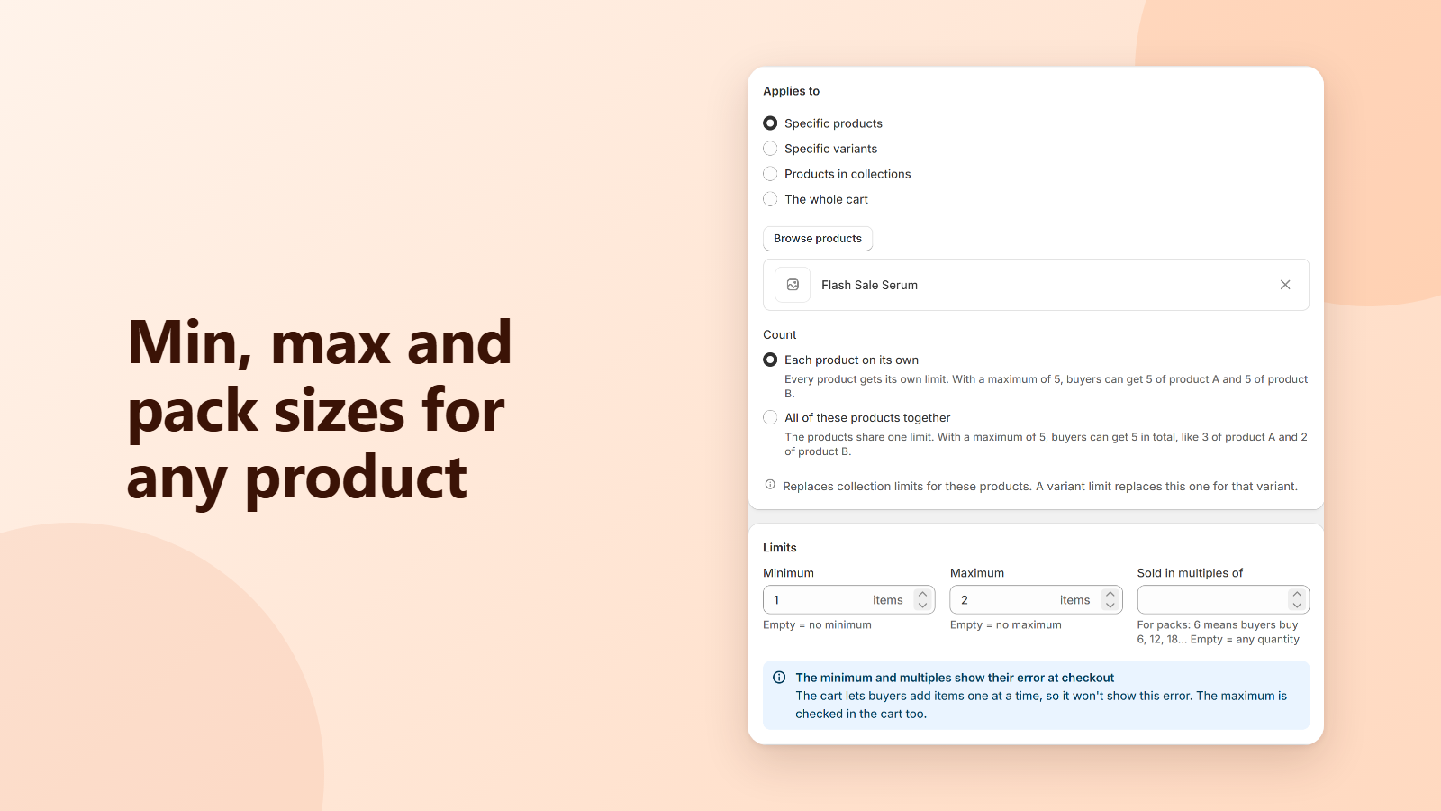 Limit editor with products, minimum, maximum and pack size