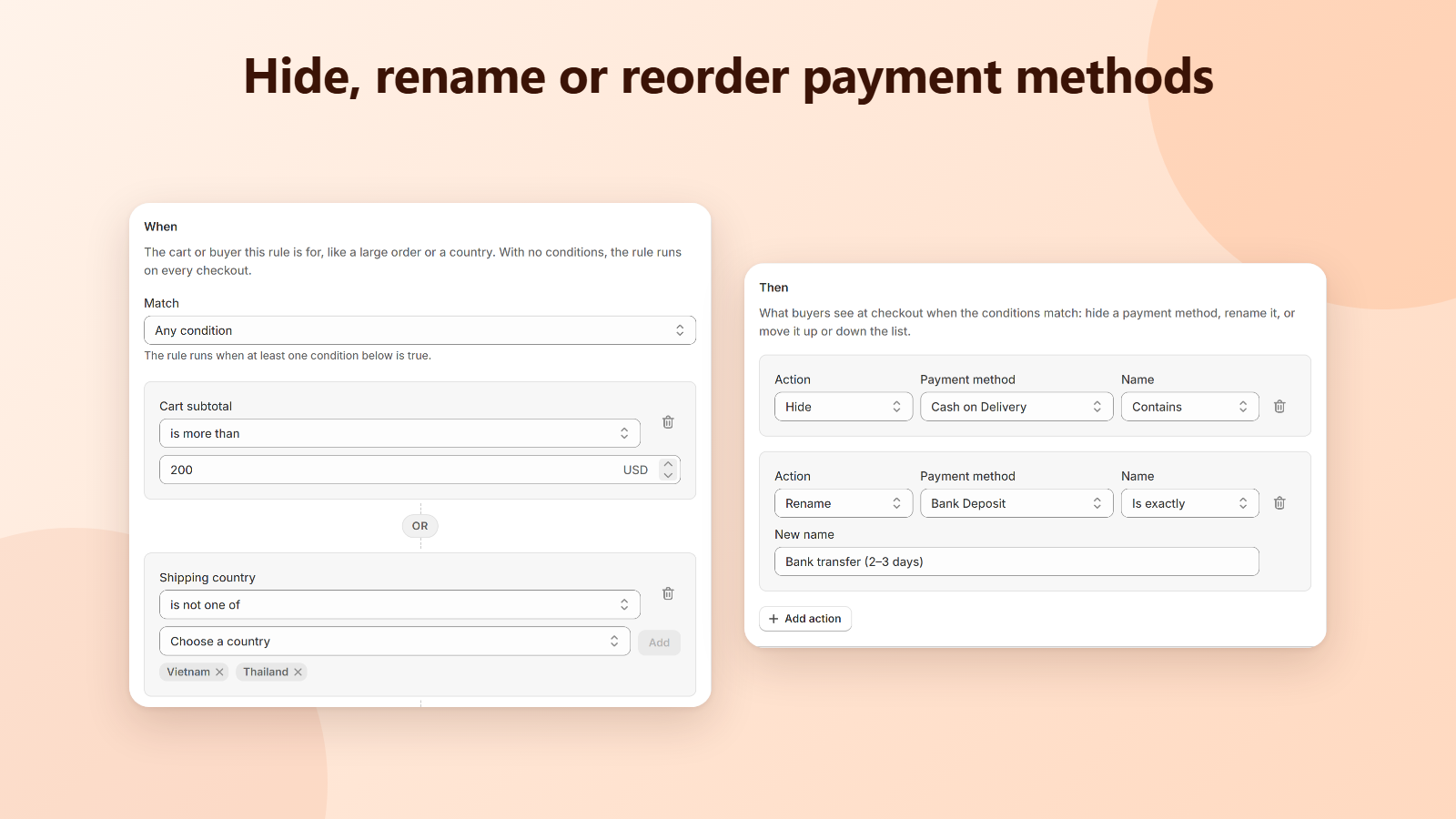 Payment rule that hides COD over $200 and renames a method