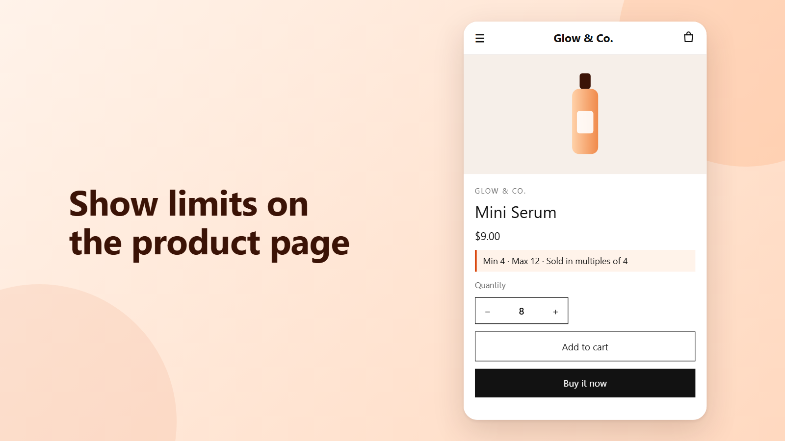Product page showing the minimum, maximum and pack size